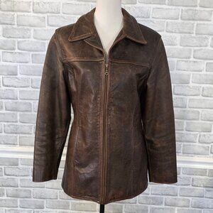 Vtg Wilsons Leather Collared Longline Jacket Distressed Patina Women L Classic